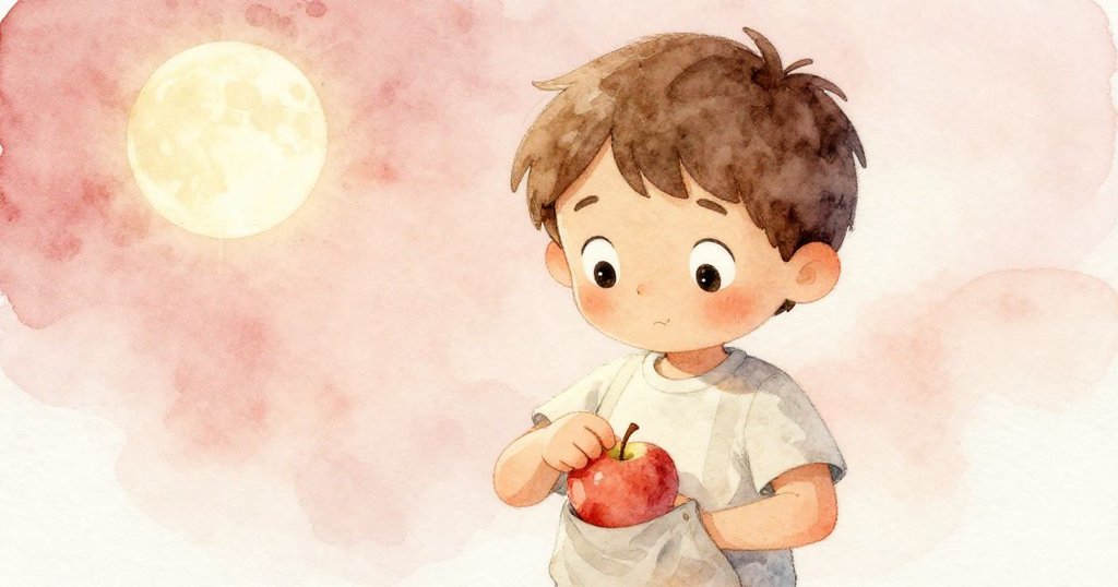 山姆滿臉安詳將涼爽蘋果放入口袋，月光輕柔覆蓋靜謐花園，畫面展現出平和與滿足感，結局充滿溫馨柔美