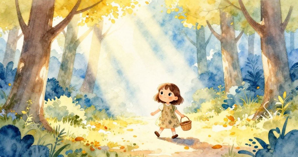 Mia在陽光灑落的森林中悠閒漫步，手邊擺著小籃子，腳下落葉發出脆響，畫面傳遞平靜與喜悅。