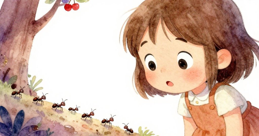 Mia凝視著忙碌的小蟻，臉上露出好奇與驚喜，背景呈現自然溫暖的森林細節與蘑菇色彩。