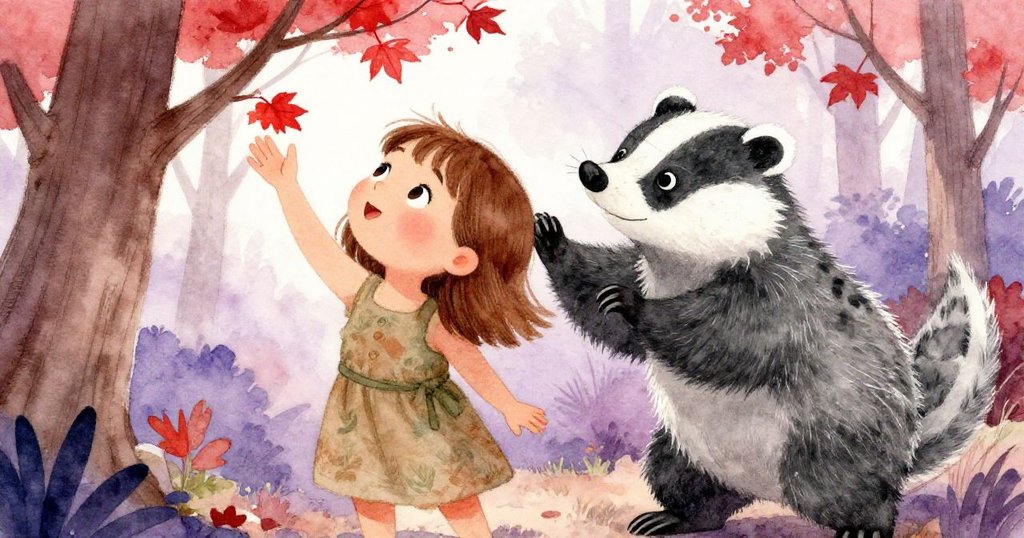 Mia伸手觸碰樹枝上的紅葉，低角度展現樹光斑駁效果，幽默的獾擋住她的手，畫面充滿童趣。