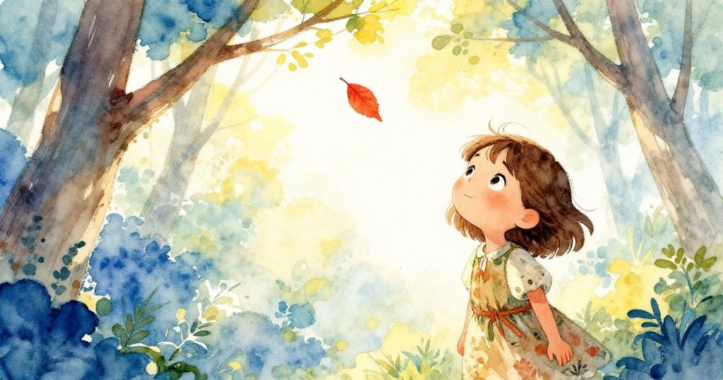 在陽光下的森林中，樹枝突然顫動，紅葉隨著光芒緩緩飄落，Mia抬頭期待，畫面動感十足。