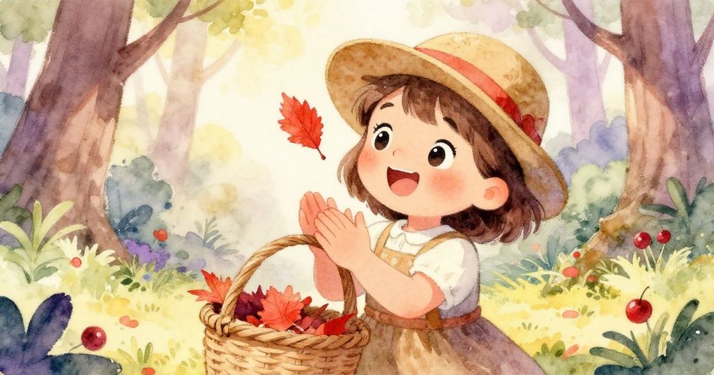 Mia愉快地拍手，從帽子上拾起鮮豔紅葉，滿臉笑容與精心動作呈現幸福時刻，森林靜謐背景襯托情感。