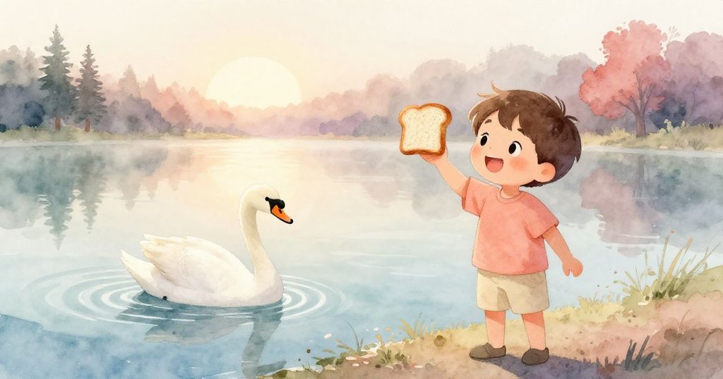 Leo在晨霧中於湖邊舉著麵包，明亮太陽灑下柔和光芒，白天鵝優雅地滑行，充滿期待與溫暖的情緒。