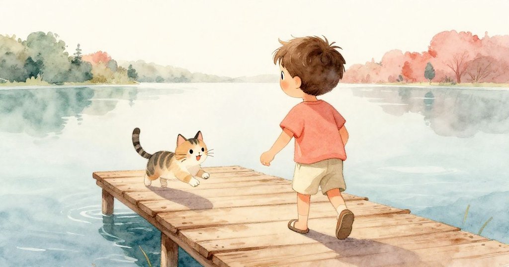 從低角度看見Leo踏向木製碼頭，突然一隻淘氣貓躍起擋路，搖動著尾巴，其驚訝表情呼應湖邊柔和景致。