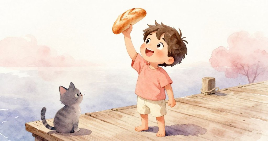 Leo停於木製碼頭上，充滿希望地高舉麵包，身旁貓咪好奇凝望，背景水面倒映出柔和光影，氣氛充滿期待。