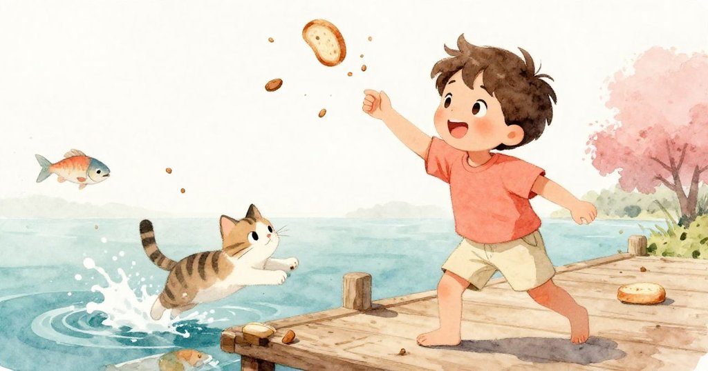 Leo將麵包屑歡快地拋向一旁，淘氣貓咪奮力追逐，魚兒在水花中掠過，整個場景充滿動感與趣味。