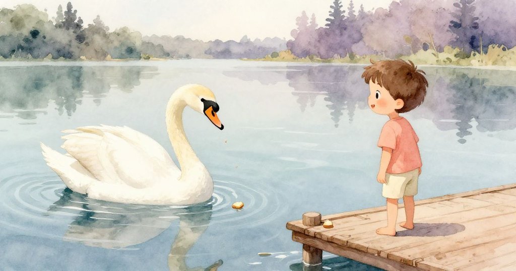 在寧靜湖面上，白天鵝輕柔拾起最後一塊麵包屑，Leo於木碼頭上平靜注視，水面微波蕩漾，情境安詳。