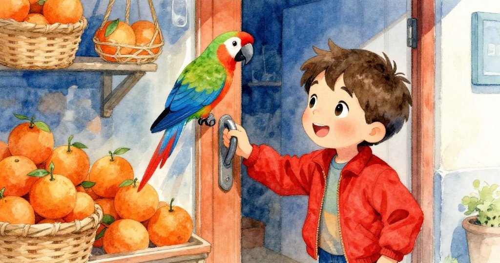 馬克走到小店前，見籃中橘子與門把上亮眼鸚鵡，兩者互動充滿奇幻寓意。
