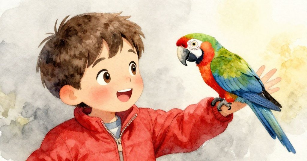 在近距視角下，馬克溫柔揮動紅外套，鸚鵡靈巧跳上衣袖，彼此默契流露。