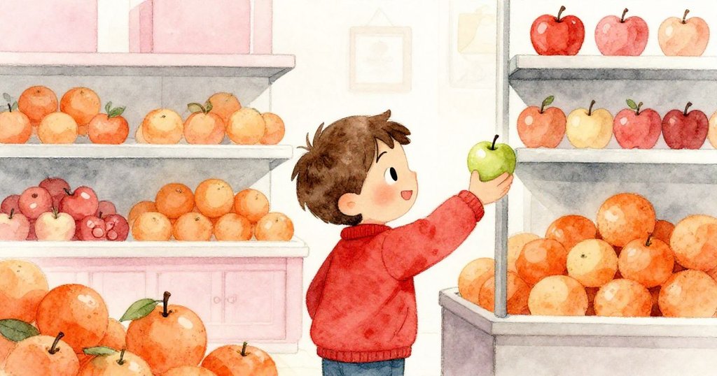 馬克踏入果香四溢商店，仔細挑選綠蘋果，明亮室內展現溫馨季節氛圍。