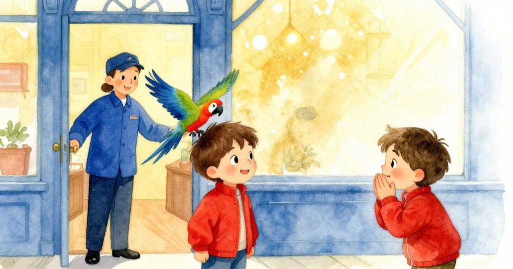 藍制服工作人員微笑開門，鸚鵡飛向其肩上，馬克點頭示意，眾人驚喜觀看。