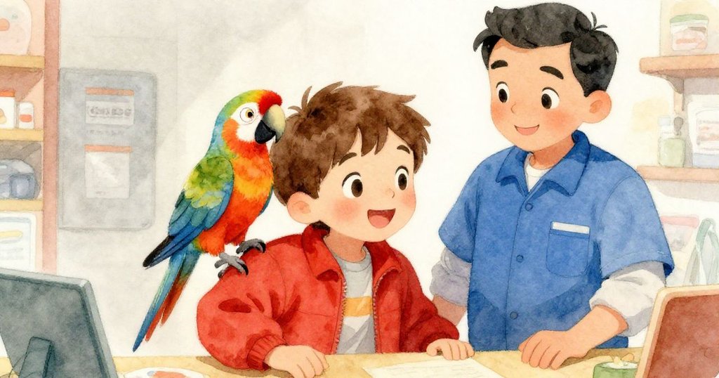 故事收束於櫃檯旁，馬克與眾人共享溫馨時刻，鸚鵡寓意友誼延續，氛圍平和。