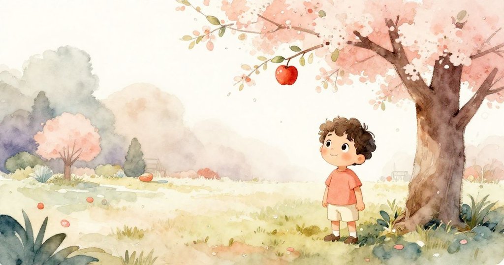 黎明時,Leo站在露珠閃亮的庭院中,望著大樹上搖曳的紅蘋果,神情充滿好奇和期待