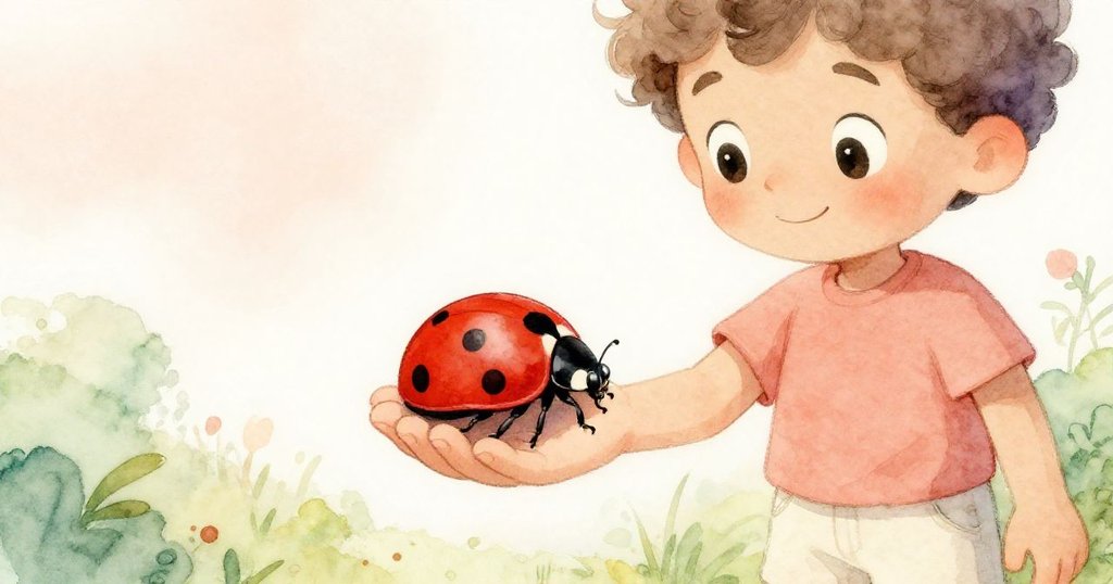 Leo伸出手,小心托著一隻紅色瓢蟲,其細膩斑點在柔和光線下熠熠生輝,寓意希望