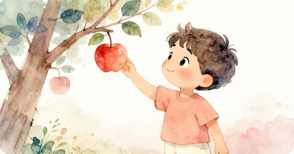 從背後望去,Leo輕觸樹枝,搖曳的蘋果與飄動的樹葉展現出充滿期待的互動情景