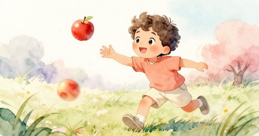 急促間,Leo驚喜伸手追逐滾動的紅蘋果,草地上展現出動感與活力,充滿戲劇性