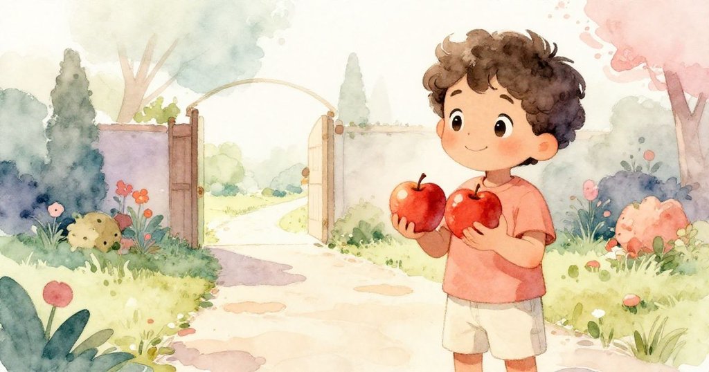 Leo手捧兩個蘋果,面向開闊前路,表情平靜充滿希望,庭院與遠景交織出未來的可能性