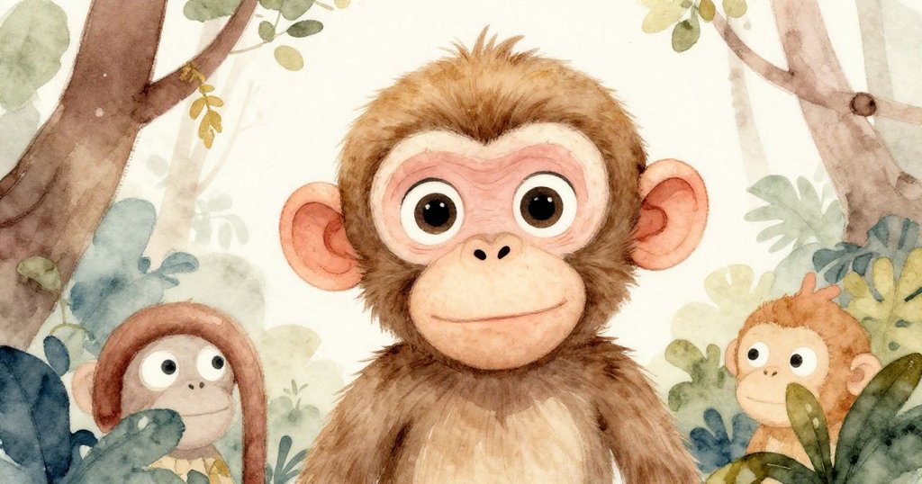 小猴子驚訝凝視落下的黑蜘蛛表情生動，臉龐特寫展現森林背景下的緊張與好奇心。