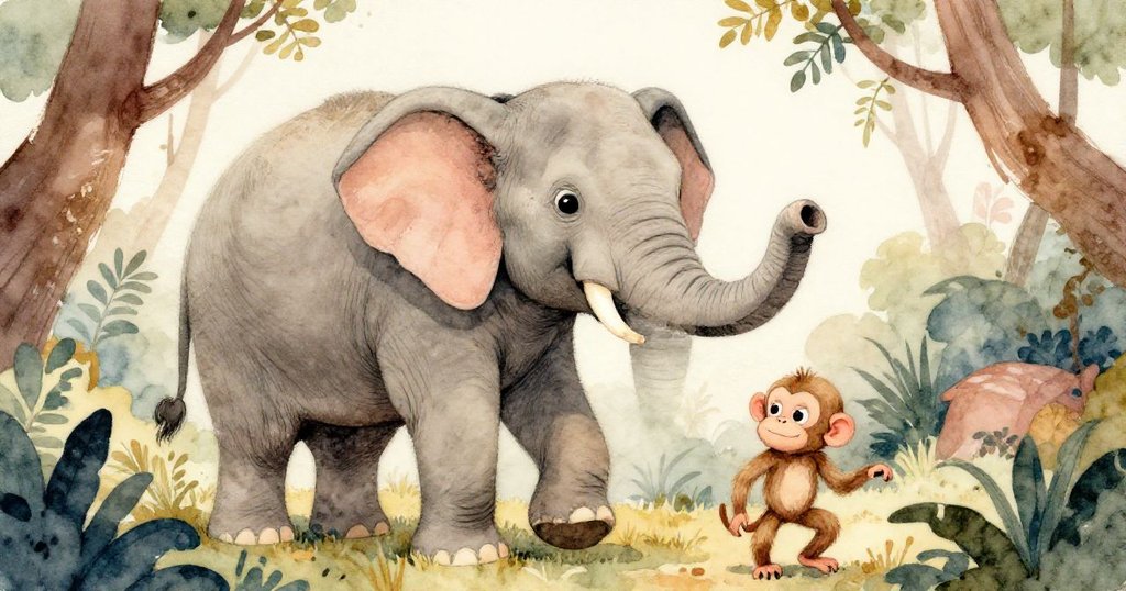 大象仰角出現，長鼻高舉準備援助，猴子於遠處注目，森林中呈現莊嚴溫柔的互動。