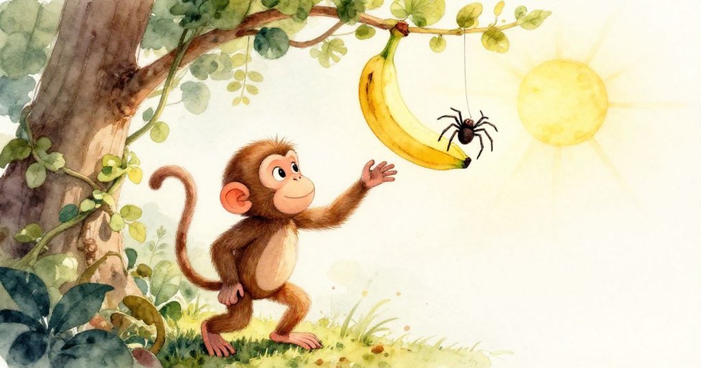 香蕉果皮上隱藏著意外秘密，塑料蜘蛛玩具的雙腿輕輕搖晃，展現森林中的驚喜與奧秘。