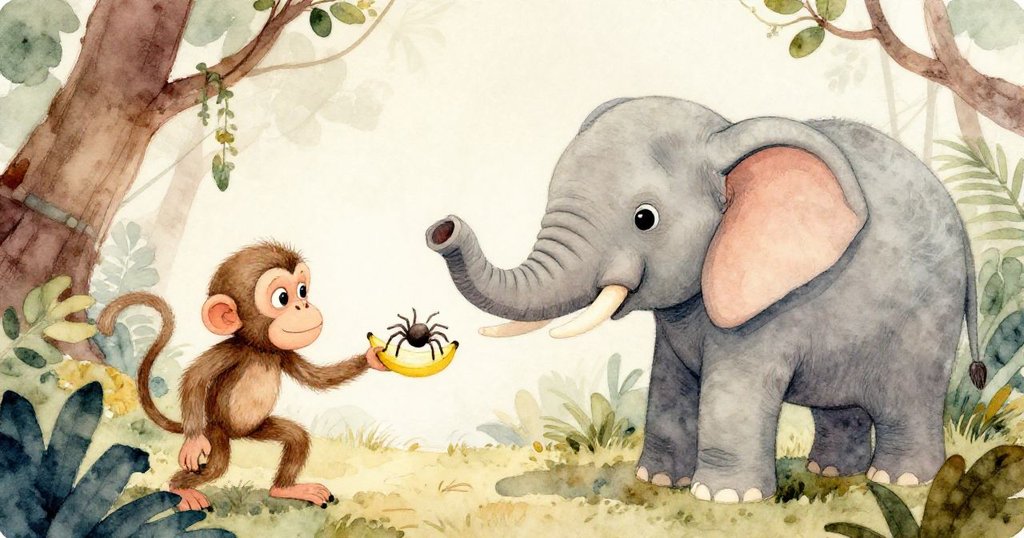 大象輕觸玩具蜘蛛引發緊張氣氛，猴子目光凝視，森林中懸念四起展現動態瞬間。