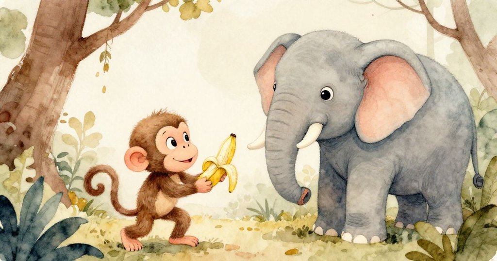 猴子快樂抓住香蕉，果皮輕裂時大象溫柔相伴，森林中充滿和諧溫暖的結局氣氛。