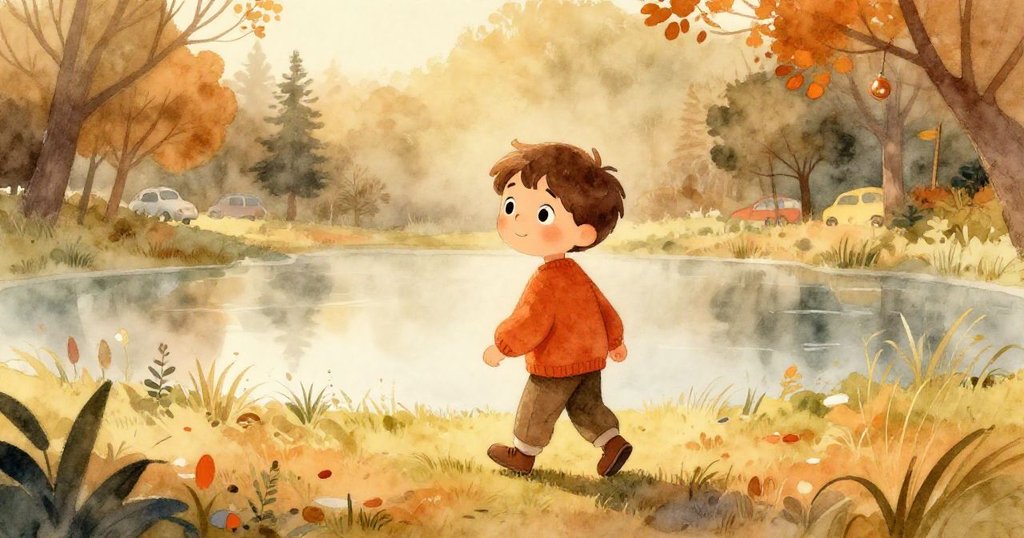 小男孩Leo走在草地上，朝晨霧瀰漫的池塘走去，表情期待，背景有樹木與遠處的車輛，光線柔和