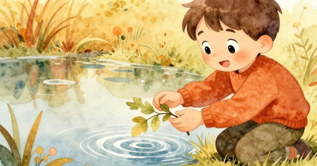 Leo跪在池塘邊，手輕觸帶葉枝條，臉上表情細膩好奇，池塘水邊映出微風細浪，溫暖光線照耀