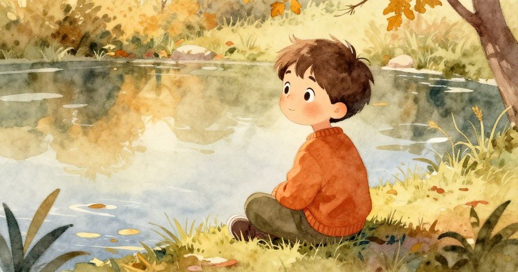 Leo靜坐池邊觀察水面變化，光線柔和影子漸長，池中葉片漂浮，展現時間流逝的寧靜景致