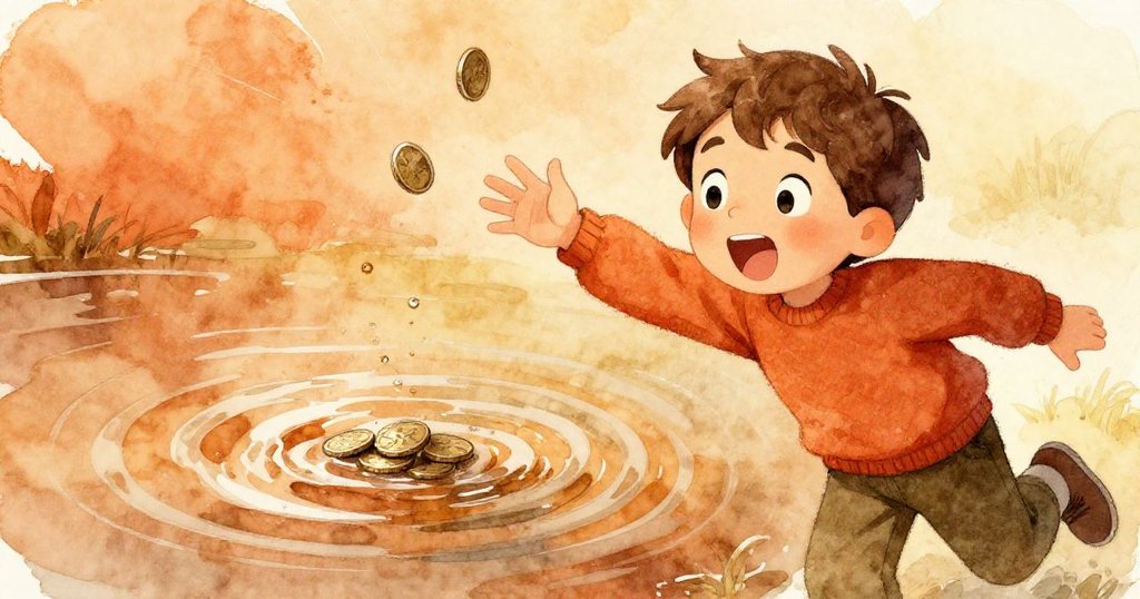 Leo迅速伸手抓亮閃閃的硬幣，池水泛起動感漣漪，臉上表情激動，溫暖光芒突顯瞬間動作