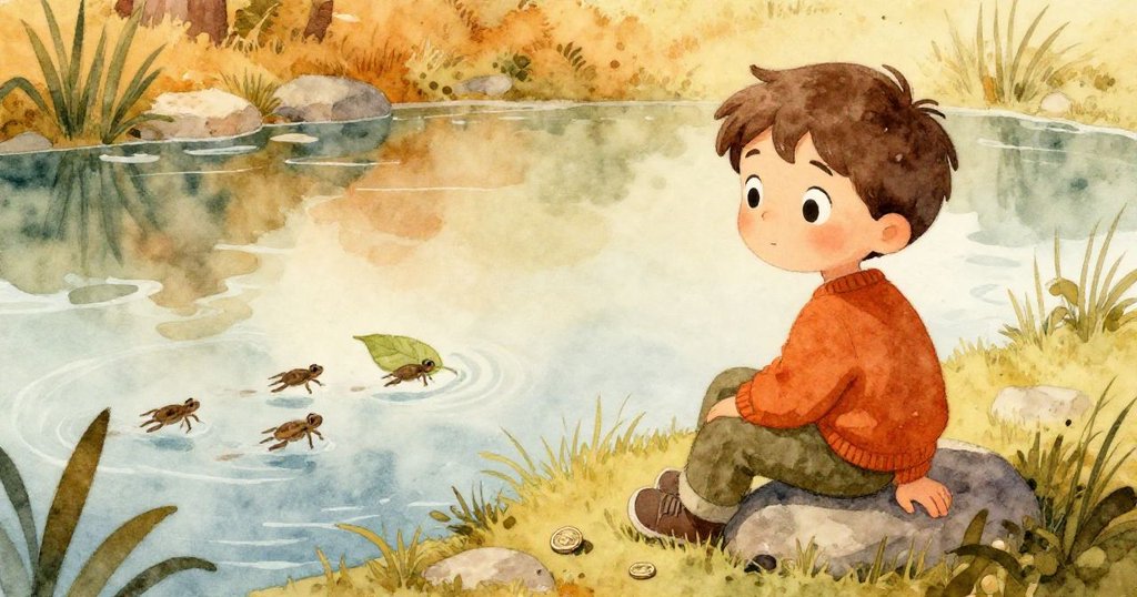 Leo安坐在石上欣賞硬幣放在草地上，池面平靜無波，蝌蚪在葉下悠然遊動，展現大自然和諧寧靜