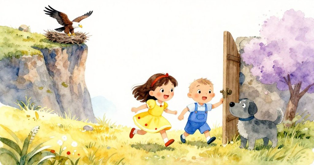 溫暖草原上，Mia揮手前行，Leo陪伴守望峭壁上鷹巢，守門狗守候入口，呈現充滿期待冒險的愉悅氣氛