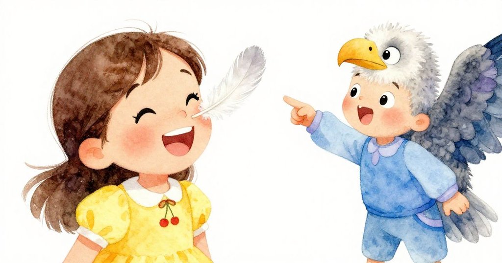 Mia笑容滿面近拍，精緻白羽輕落鼻尖，Leo興奮指揮，幼鷹在遠處窺望，展現驚喜快樂情緒