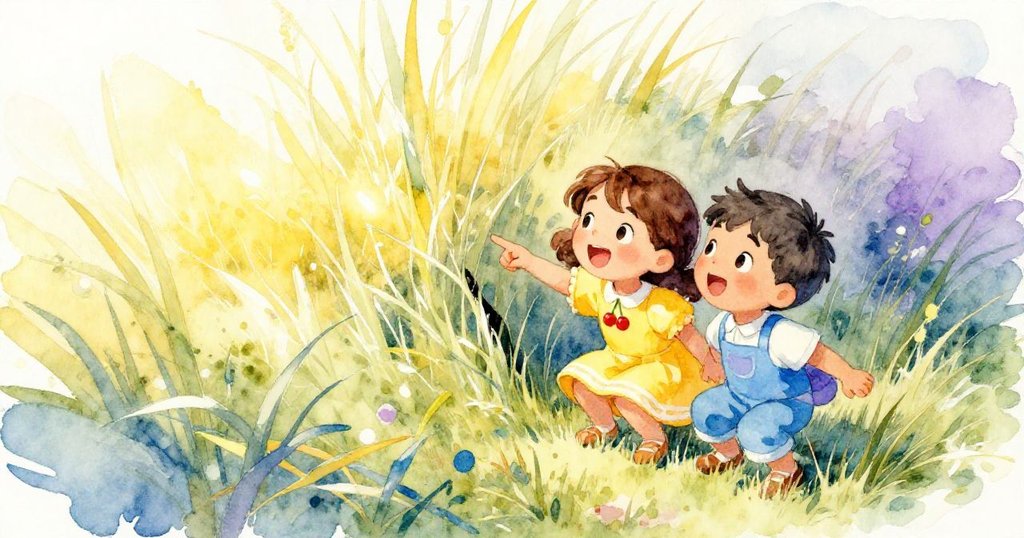 Mia蹲身穿越茂密草叢，Leo指向狹窄間隙，濃密葉影交織，新奇探索氛圍引人入勝