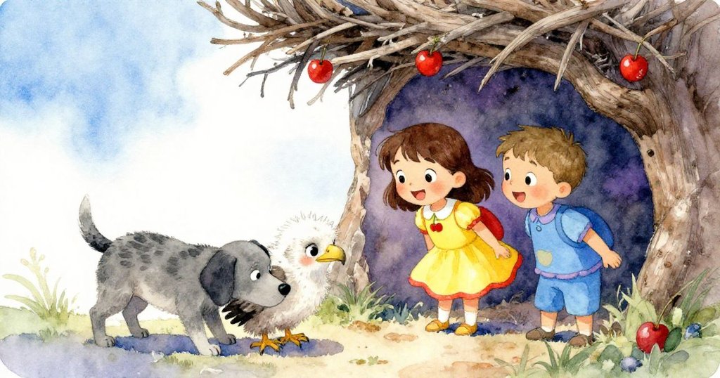 隱蔽鷹巢下，幼鷹好奇探出身影，守門狗輕嗅空氣，Mia與Leo注視場景，透露神秘而溫柔的冒險氣息