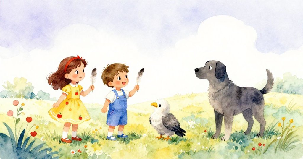 寧靜草原全景顯現，Leo溫柔托舉羽毛，Mia含笑凝望，守門狗與幼鷹靜待，場面祥和結尾