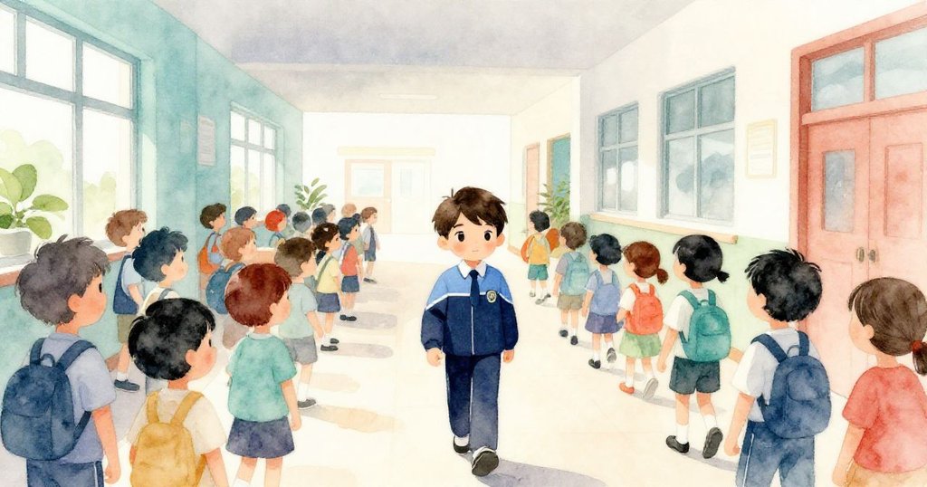 在明亮的學校走廊裡，Leo穿著校服在擁擠人群中前行，臉上流露堅定與期待，環境充滿晨光與活力。