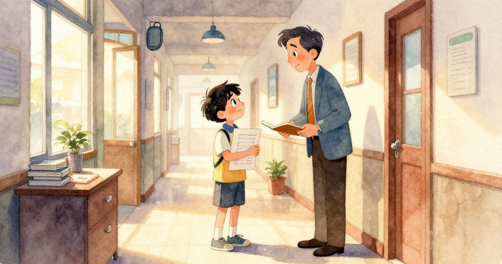 Leo的薄作業夾、金屬杯與滾動的筆被特寫展示，物品互動細緻生動，環境背景現代且充滿細節，營造出微妙混亂感。