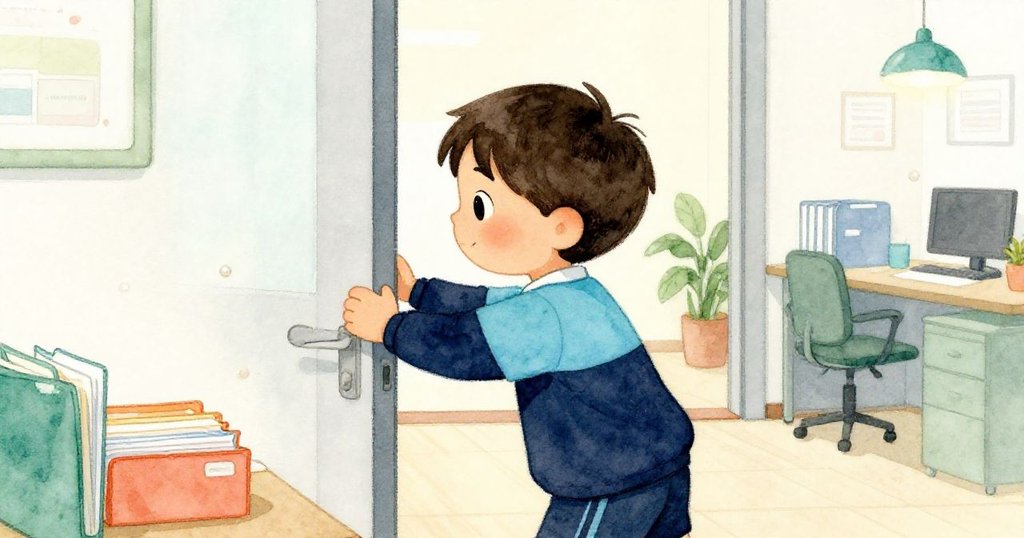 從Leo肩後視角看，他輕推辦公室門板，門碰撞桌邊引起文件夾滑動，他神情專注，捕捉瞬間動作與辦公室細節。