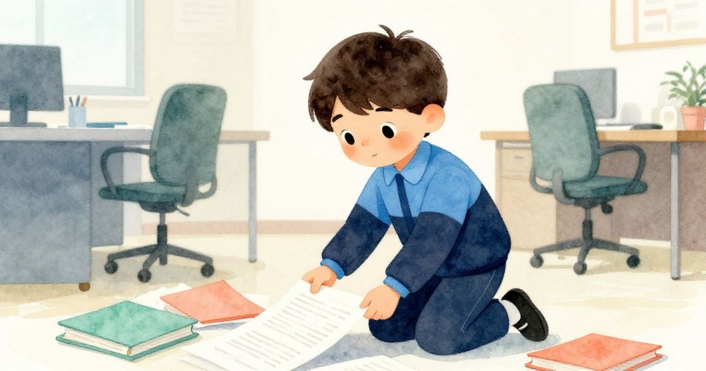 在明亮的辦公室裡，Leo跪下仔細收集散落的文件，神情專注而溫柔，現代環境中散發著和諧與認真氣息。