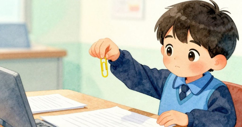 Leo伸手細緻撿起一顆明亮的黃色迴紋針，臉上展現驚喜與決心，近距離刻畫辦公室桌面上散落的文件細節。