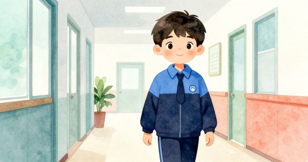 整理完後，Leo帶著平靜微笑離開辦公室，他的臉上流露安心與期待，走廊背景與晨光融為一體，展現新一天的開始。