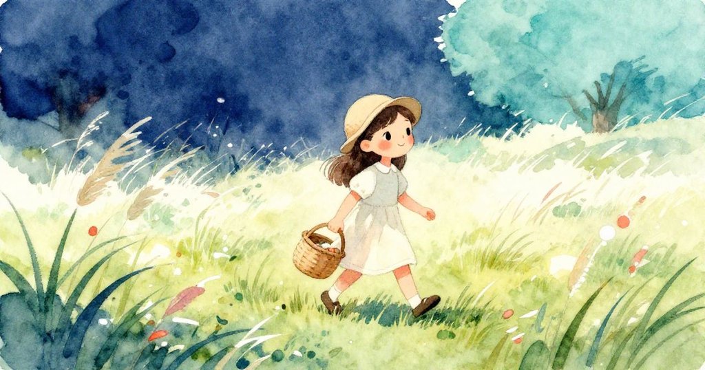 莉婕在陽光綻放的草地上手提小籃行走，金色光線灑落，臉上流露期待與快樂的情緒