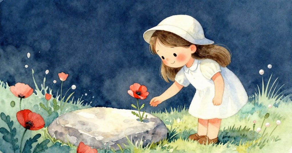 莉婕彎腰採摘鮮紅罌粟，背景中有平整石頭與柔和日光，展現專注與溫柔的自然互動