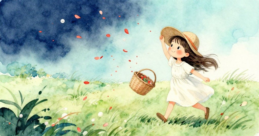 莉婕因陣風而動作靈敏，帽子被風吹低，小籃翻倒，紅花瓣隨風飛舞，展現生動田野景緻