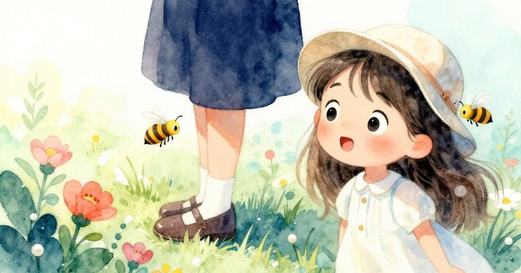 莉婕面露驚奇，蜂兒在鮮花間盤旋，她因蜂舞而退，捕捉近距離自然互動的瞬間