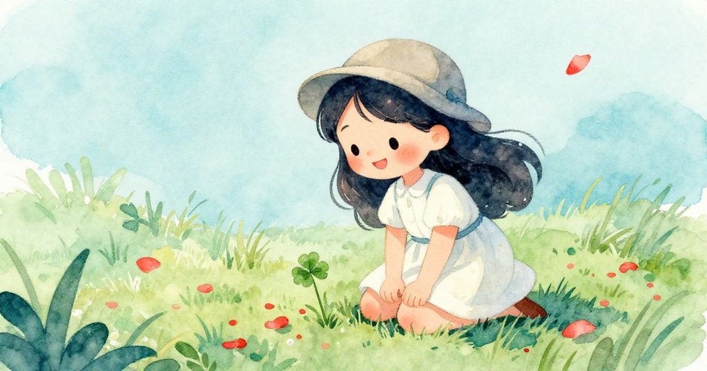 莉婕彎身在花瓣間發現四葉幸運草，雙手輕撫幸運符，臉上綻放出驚喜與愉悅笑容