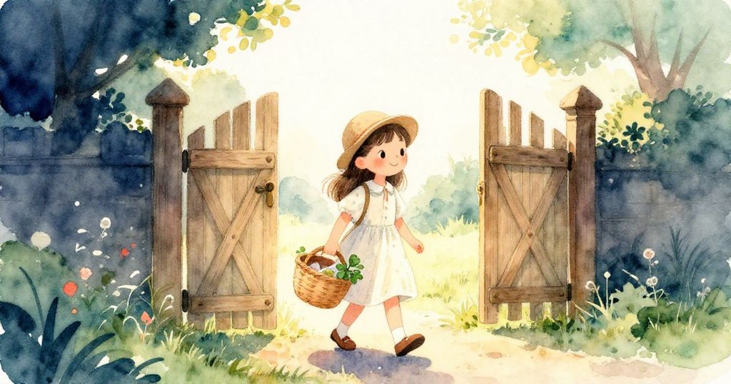 莉婕將幸運草收入口袋，整合花籃後步向古樸木門，背影溫馨從容，展現圓滿離別之情