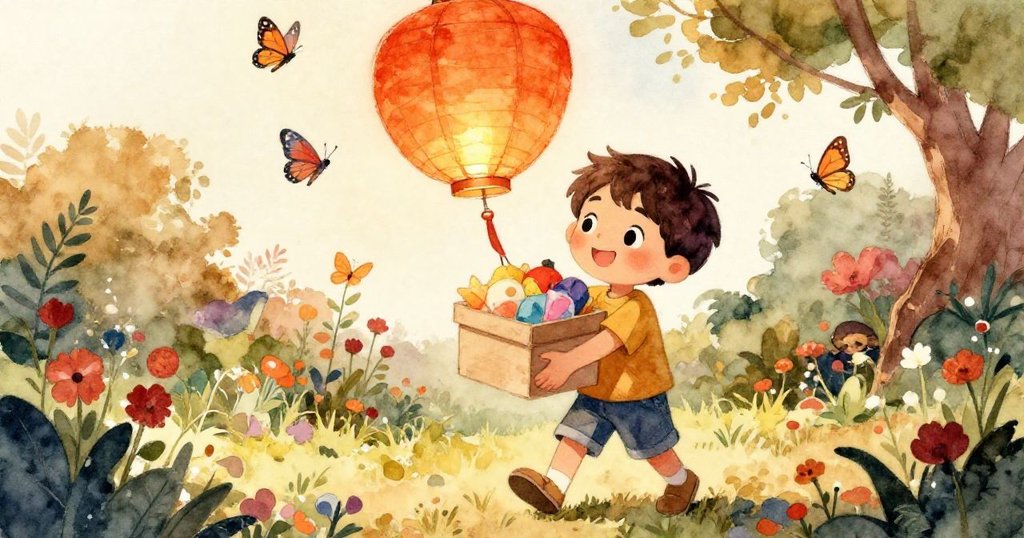 萊奧在溫暖的下午陽光下提著燈籠盒，周圍有蝴蝶、鳥兒與豐富花朵，充滿自然生氣與歡樂。