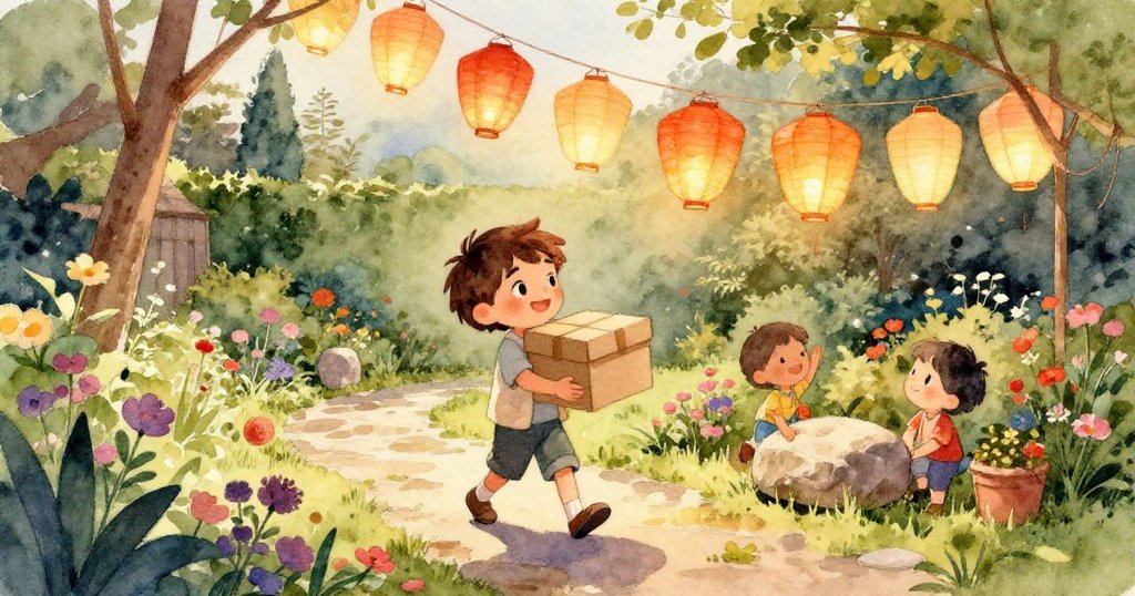 近距離細看石頭與燈籠的質感，金屬掛鉤閃爍著光芒，展現自然與手作工藝的對比。